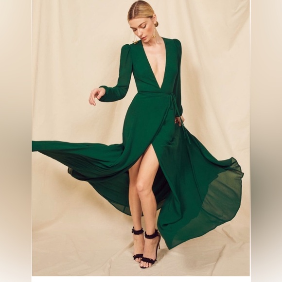reformation green dress long sleeve Aude Dress